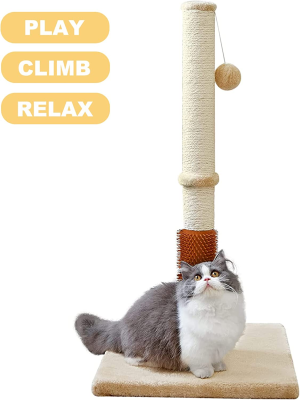 OMIPAWZ 32″ Cat Scratching Post,Sisal Rope Cat Scratcher with Self Groomer Brush, Tall Cat Claw Scratching Post with Hanging Ball (Brown)