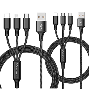(2 Pack) VRORKV USB Multi Charger Cable [1.2M 3A] Nylon Braided Multi Charging Cable USB to Type C/Micro 3 in 1 Universal Charger for Smartphones,Tablets and More (Black)
