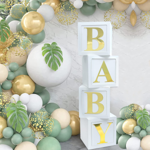 Baby Shower Boxes Party Decorations – 4Pcs Stereoscopic White Baby Balloon Boxes with Gold Baby+A-Z Letters, Party Boxes Baby Blocks for Boys Girls Baby Shower Decorations Gender Reveal Birthday Party