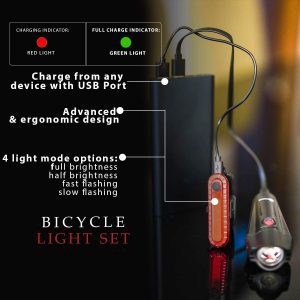 Apremont Ultra Bright USB Rechargeable Battery Bike Light Set – Powerful Bicycle Front Headlight and Back Taillight – 4 Light Modes – Easy to Install for Men Women Kids Road Mountain Cycling