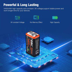 EBL USB Rechargeable 9V Lithium Batteries – 5400Mwh Long Lasting Li-Ion Batteries with Micro Charging Cable – Quick Charge in 2 Hours (4 Pack)