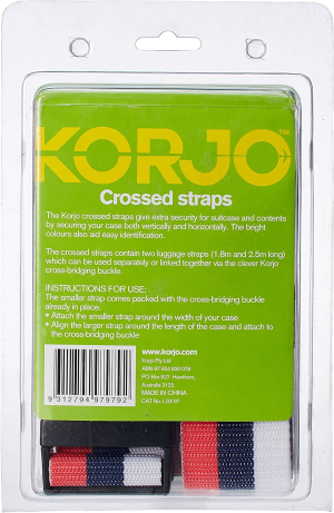 Korjo Crossed Luggage Straps, Includes 2 Travel Luggage Straps and Korjo Cross-Bridging Buckle, Red/White/Blue