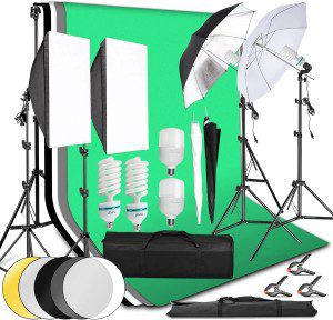 Abeststudio Studio Lighting Kit Bi-Color Dimmable 2X 85W Softbox Continuous Lighting Background Support System Black White Green Backdrop Cloth with Stand for Portrait Product Photography Video Shooting