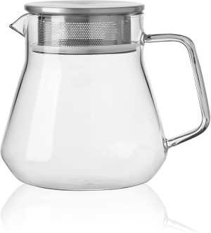 CNGLASS One-Touch Glass Teapot,20Oz Glass Tea Kettle with Stainless Steel Filter Lid,Stovetop Safe Tea Maker for Loose Leaf Tea