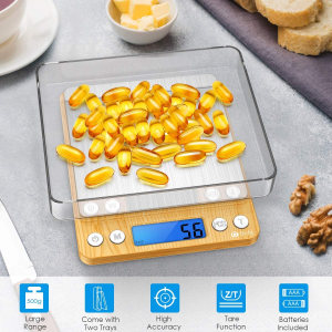 (Upgraded) AMIR Digital Kitchen Scale, 500G Mini Pocket Jewelry Scale, Cooking Food Scale with Back-Lit LCD Display, 2 Trays, 6 Units (Battery Included)