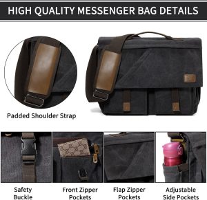 Messenger Bag for Men, Kasqo Vintage Water Resistant Canvas Satchel 15.6-17 Inch Laptop Briefcase Shoulder Bag for Work Business School