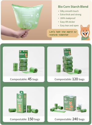 Asahi Paws Compostable Poop Waste Bag – Plant Based 100% Biodegradable – Leak-Proof, Silky Smooth, Bio Corn Starch Blend, Easy Tear, Thicker & Stronger Poop Bags for Dogs & Cats (Compostable 120 Bags)