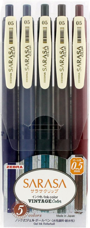 ZEBRA Sarasa Clip Gel Ink Ballpoint Pen 0.5Mm, Rubber Grip, Vintage Colors, 5 Colors Set (JJ15-5C-VI)