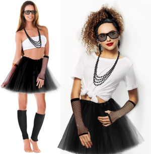 AUTOWT 80S Costumes for Women, 6 Packs 80S Accessories Set with Fishnet Gloves Earrings Necklaces Leg Warmers, Tutu Skirts for 1980S Theme Party Outfits