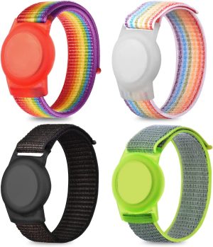 (4 Pack) Kiewhay Bracelet Band for Airtag, Nylon Wristband Band GPS Tracker Holder Protective Case Compatible with Apple Air Tag, Anti-Lost Colorful Breathable Strap Loop for Child,Toddler,Kids