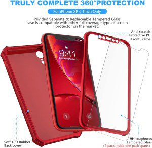 Oretech 360°Protective for Iphone XR Case and [2 X 9H Glass Screen Protectors] [Full Body Shockproof] Hard PC Front with Silicone TPU Bumper Non-Slip Hybrid Cover for Iphone XR Phone Case 2018 – Red