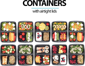 [10 Pack] 3 Compartment BPA Free Reusable Meal Prep Containers – Plastic Food Storage Trays with Airtight Lids – Microwavable, Freezer and Dishwasher Safe – Stackable Bento Lunch Boxes (32 Oz)