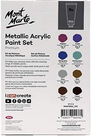 Mont Marte Metallic Acrylic Paint Set 8 Piece X 36 Ml Tubes, Lightfast Colors with Smooth Consistency and Opaque Metallic Finish.