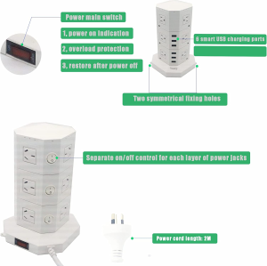 Powerjc Tower Power Strip USB Surge Protector Socket 12 AC Outlets with 6 USB 2.4A Totals 6A Ports Chargers 2M Long Extension Cord SAA Certified White…