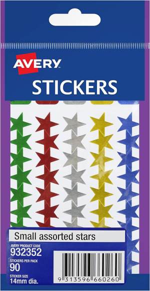 Avery Assorted Star Stickers, Assorted Colours, 14 Mm, 90 Labels (932352)