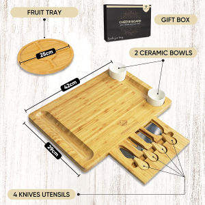 Sleek Cheese Board Birthday Gifts for Women – Bamboo Serving Board and Serving Tray with Fruit Tray Perfect as House Warming Gift Wedding Gift – Large Charcuterie Board and Knife Set Gifts for Her