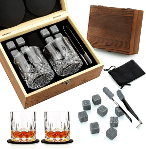 Whisky Stones Glasses Gift Set, 2 Crystal Bourbon Scotch Glasses 8 Whiskey Granite Chilling Rocks, Premium Wooden Gift Box Burbon Present for Whisky Lovers/Men/Christmas/Birthday/Holiday/Retirement/Father’S Day