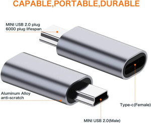 USB C to Mini USB 2.0 Adapter, (2-Pack)Type C Female to Mini USB 2.0 Male Convert Connector Support Charge & Data Sync Compatible Gopro Hero 3+, MP3 Players, Dash Cam, Digital Camera, GPS Receiver Etc