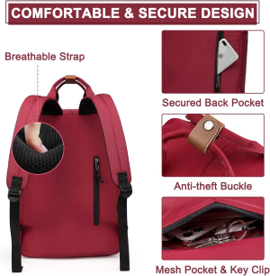 School Backpack for Women,Vaschy Unisex Vintage Water Resistant Casual Daypack Laptop Backpack Rucksack Bookbag for Travel/Business/College Fits 15.6 Inch Laptop Burgundy