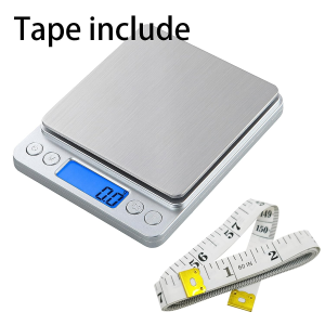 Small Digital Scale,1Kg/0.02G,Kitchen Scale,Food Scale,With Blue Backlit LCD Display, 6 Units, Auto Off, Tare, PCS Function, Stainless Steel, Battery Included,Soft Tape Included(150Cm)