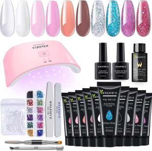 Wakaniya Poly Nail Gel Kit with Lamp, All Season Colors Quick Nail Extension Gel Builder, Rhinestone, Slip Solution, Nail Forms, Complete Poly Gel Starter Kit for DIY Manicure