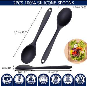 Silicone Serving Spoons, Silicone Spoons for Cooking, Non-Stick Mixing Spoons 27 Cm, Seamless Silicone Spoon 27 Cm | Resistant to 250℃ High Heat | Dishwasher Safe | Set of 2 (2X Black)