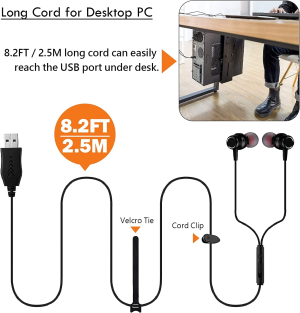 USB Earbuds with 8.2FT Extra Long Cord for Computer, In-Ear USB Headphone Headset with Mic Compatible with Laptop, Desktop PC, Notebook & Chromebook, Noise-Isolation & Lightweight, CGS-W7