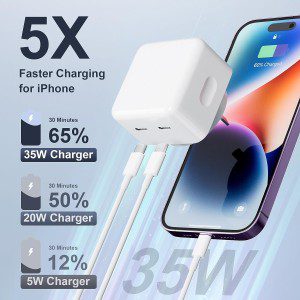 Iphone Fast Charger, 35W USB C Fast Charger with Iphone Charger Lightning Cable + USB C Charger Cable, Dual USB C Charger Wall Charger, Iphone Charger Plug for Iphone14/13/12/11/X/Ipad/Samsung/Oppo