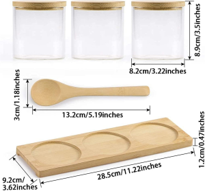 PENGQIMM Condiment Container Seasoning Box Set,300Ml/10Oz,Pack of 3 Glass Condiment Canisters Pots, Condiment Jars with Bamboo Lids,Base and Spoons , Spice Containers for Sugar, Salt, Pepper