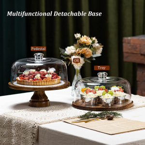 ANBOXIT Cake Stand with Dome Lid, Acacia Wood Cake Plate with Cover, Wooden Cake Display Stand with Acrylic Dome (Footed)