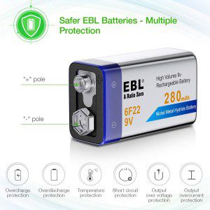 EBL 9V Rechargeable Batteries Nimh 280Mah 9V Battery for Smoke Alarm Detector, 4-Packs