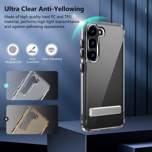 For Samsung Galaxy S23 Case with Adjustable Metal Kickstand, Areaphmet Hard PC Crystal Clear [Anti-Yellow] [Wireless Charging Compatible] Transparent Shockproof Drop Cover for Galaxy S23 Phone Case