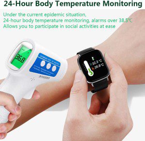 Smart Watch Fitness Tracker 1.69″ Touch Screen Waterproof 24 Sports Modes with Body Temperature Heart Rate Blood Oxygen Monitor Sleep Quality Tracker 15 Days Battery Life Call & APP Message Reminder for Iphone Android Phones