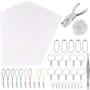 Benvo 157 Pcs Heat Shrink Plastic Sheet Kit Shrinky Art Film Paper 20 Pcs with 135 Pcs Keychains Accessory Ear Hooks Chain Beads Lobster Clasps and Hole Punch, Tweezer for Creative DIY Handmade Craft