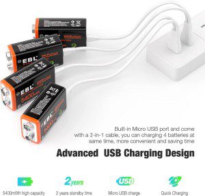 EBL USB Rechargeable 9V Lithium Batteries – 5400Mwh Long Lasting Li-Ion Batteries with Micro Charging Cable – Quick Charge in 2 Hours (4 Pack)