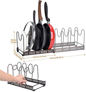 Toplife Expandable Pans Organizer Rack, 10 Adjustable Compartments, Cookware Holder for Pantry or Cabinet, Black