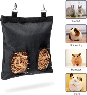 Small Pet Hay Bag, Rabbit Guinea Pig Hay Feeder Bag, Small Animal Hanging Food Storage Bag, 2 Holes Large Capacity 600D Oxford Cloth Fabric Hanging Hay Feeder Bag for Small Animal