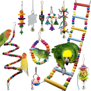 SHOPJING 10 Packs Bird Swing Chewing Toys- Parrot Hammock Bell Toys Parrot Cage Toy Bird Perch with Wood Beads Hanging for Small Parakeets, Cockatiels, Conures, Finches,Budgie,Parrots, Love Birds