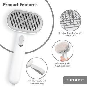 Aumuca Cat Brush with Release Button, Cat Grooming Shedding Brush, Self Cleaning Pet Brush – Effectively Removes Loose Undercoat, Slicker Brush for Cats, Cat Comb for Long or Medium Haired Cats(White)