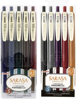 Zebra Sarasa Clip 0.5 Retractable Gel Ink Pen, Rubber Grip, 0.5 Mm, Vintage Colors, 10 Color Bundle (JJ15-5C-VI2+JJ15-5C-VI2)