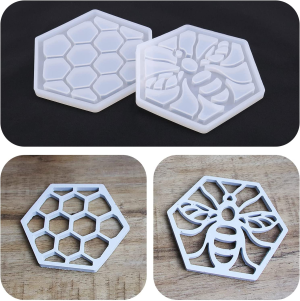 2PCS Bee Honeycomb Resin Coaster Moulds Cup Mat Silicone Casting Mould Hexagon Hollow Mould for Resin Polymer Clay Plaster Wax Craft Making Supplies