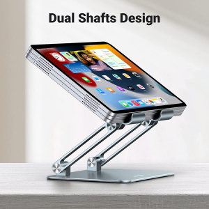 UGREEN Tablet Stand Holder for Desk Dual Rod Support Aluminum Desktop Tablet Holder Adjustable Foldable Dock Multi-Angle Riser Compatible with Ipad Pro 12.9, 9.7, 10.5, Ipad Air Mini 4 3 Grayish-Blue