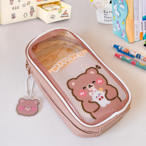 Jaousxu Cute Brown Bear Pencil Case, Aesthetic Pencil Pouch, Kawaii School Supplies Makeup Bag for Girl Women Adult (Sfsef2)