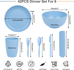 Wheat Straw Dinnerware Sets for 6- Unbreakable Plastic Dishes Set 42 PCS, Reusable Plates and Bowls Sets, Lightweight, Microwave & Dishwasher Safe – Perfect for Camping, Picnic, Campervan