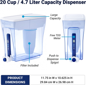 Zerowater Ready-Pour Dispenser NSF Certified to Reduce Lead, Other Heavy Metals and PFOA/PFOS, 20 Cup Pitcher, White and Blue