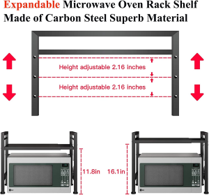 Wuciray Microwave Shelf, Kitchen Shelf Expandable Microwave Oven Rack, Adjustable Width & Height Microwave Stand Counter Shelf with 3 Hooks (Black 1-Tier)