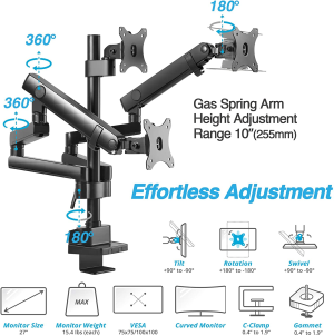 AVLT Triple 17″-27″ Monitor Arm Desk Mount Fits Three Flat/Curved Monitor Full Motion Height Swivel Tilt Rotation Adjustable Monitor Arm – Extra Tall/Vesa/C-Clamp/Grommet/Cable Management