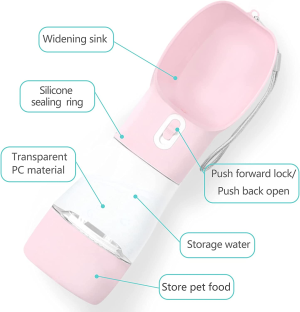 Portable Dog Water Bottle,Dogwater Bottles for Walking Can Carry Dog Food,Multi-Function Travel Dog Bowls,Can Disassemble Pet Water Dispenser Combination,Try in Cats and Dogs (Pink)