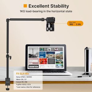 VIJIM LS08 Overhead Camera Desk Mount Stand, Flexible Webcam Stand Microphone Boom Arm, 360° Rotation Tabletop Aluminum C-Clamp Stand, Standard ¼” ⅜” ⅝” Screw for DSLR Camera, Microphone & Webcam