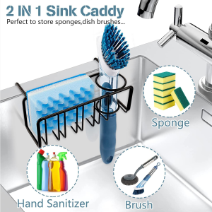 Sponge Holder for Kitchen Sink, Hanging In-Sink Caddy Space-Saving, Waterproof & Sturdy Dish Brush Holder, Dishwashing Liquid Drainer Rack, Kitchen Sink Storage Organizer Basket